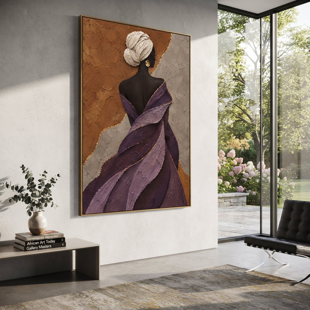 Purple Shawl Back Portrait focuses on back portrait of woman wrapped in purple sculptural shawl with gold earring and white hair wrap. The composition is built from the exact pose, clothing shape, accessories, furniture, animal form, shoreline, palm shape, surfboard, or table arrangement visible in this artwork, so the image reads as a specific modern figurative painting rather than a generic decorative abstract. The purple; black; gold palette gives the piece its main atmosphere, while smaller