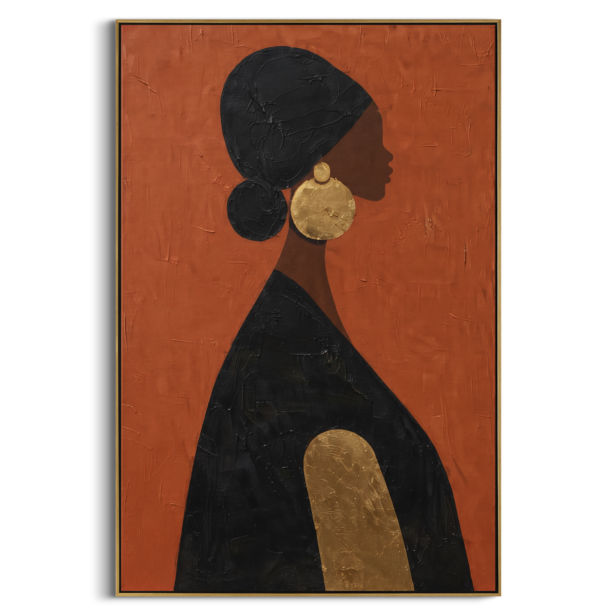 Orange Profile Gold Circle focuses on minimal profile woman in black dress with round gold earring and orange plaster ground. The composition is built from the exact pose, clothing shape, accessories, furniture, animal form, shoreline, palm shape, surfboard, or table arrangement visible in this artwork, so the image reads as a specific modern figurative painting rather than a generic decorative abstract. The orange; black; gold palette gives the piece its main atmosphere, while smaller dark and