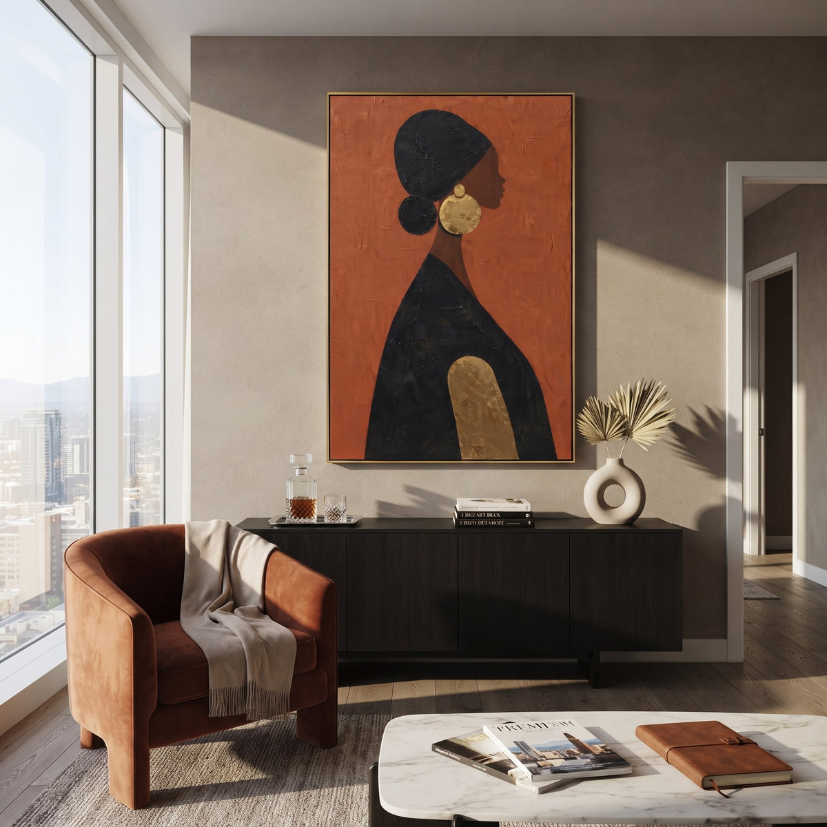 Orange Profile Gold Circle focuses on minimal profile woman in black dress with round gold earring and orange plaster ground. The composition is built from the exact pose, clothing shape, accessories, furniture, animal form, shoreline, palm shape, surfboard, or table arrangement visible in this artwork, so the image reads as a specific modern figurative painting rather than a generic decorative abstract. The orange; black; gold palette gives the piece its main atmosphere, while smaller dark and