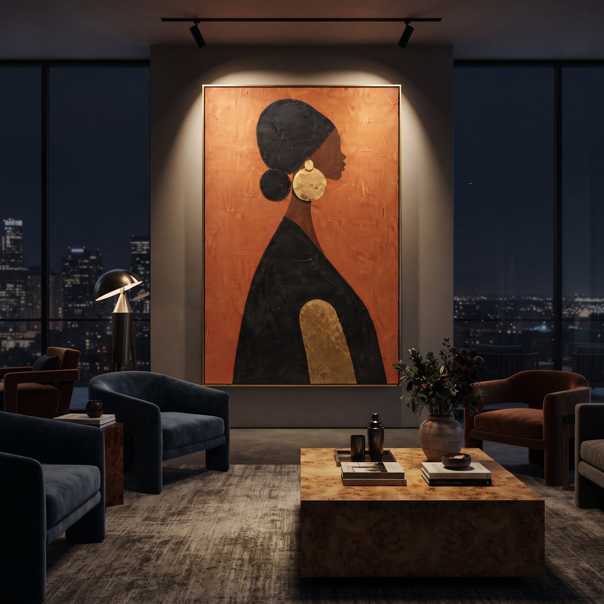 Orange Profile Gold Circle focuses on minimal profile woman in black dress with round gold earring and orange plaster ground. The composition is built from the exact pose, clothing shape, accessories, furniture, animal form, shoreline, palm shape, surfboard, or table arrangement visible in this artwork, so the image reads as a specific modern figurative painting rather than a generic decorative abstract. The orange; black; gold palette gives the piece its main atmosphere, while smaller dark and