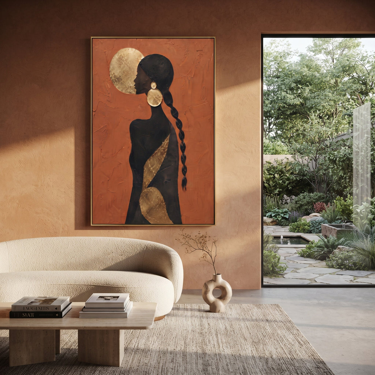 Gold Moon Braid Back focuses on back view black female silhouette with braid, gold moon disc, and bronze diagonal accent. The composition is built from the exact pose, clothing shape, accessories, furniture, animal form, shoreline, palm shape, surfboard, or table arrangement visible in this artwork, so the image reads as a specific modern figurative painting rather than a generic decorative abstract. The orange; black; gold palette gives the piece its main atmosphere, while smaller dark and