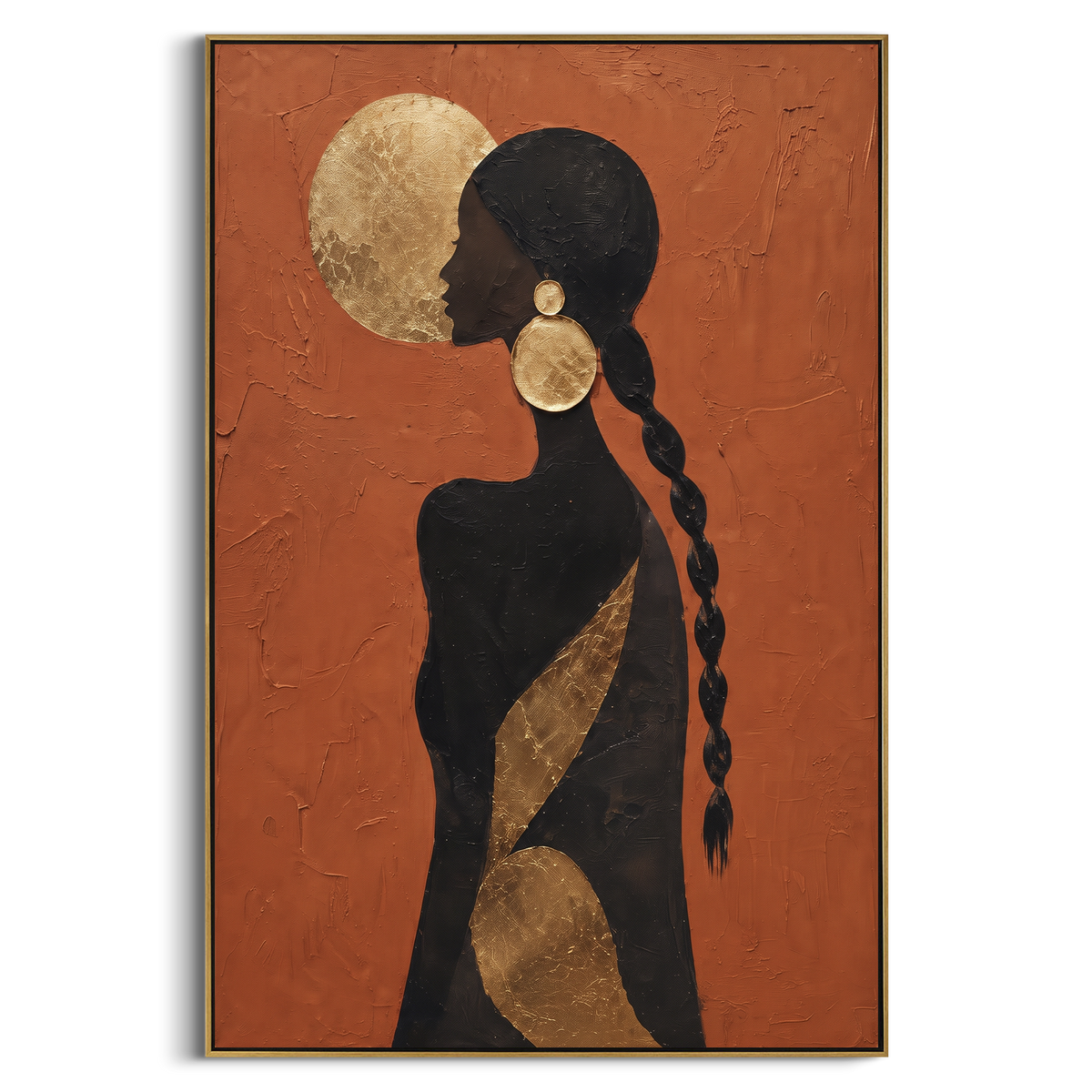 Gold Moon Braid Back focuses on back view black female silhouette with braid, gold moon disc, and bronze diagonal accent. The composition is built from the exact pose, clothing shape, accessories, furniture, animal form, shoreline, palm shape, surfboard, or table arrangement visible in this artwork, so the image reads as a specific modern figurative painting rather than a generic decorative abstract. The orange; black; gold palette gives the piece its main atmosphere, while smaller dark and