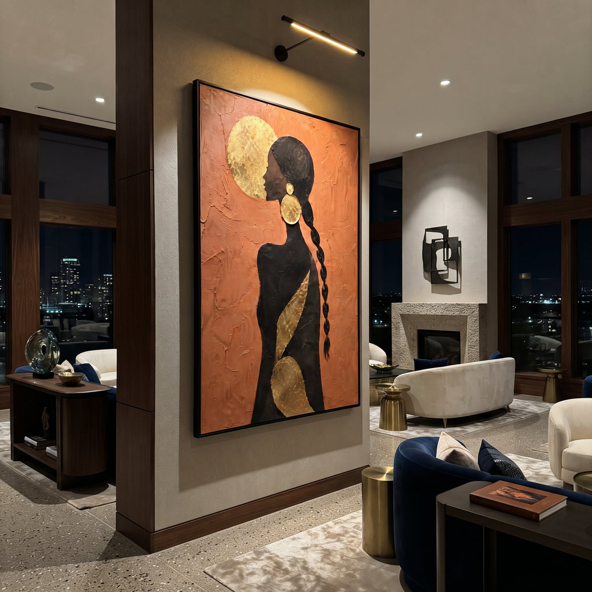 Gold Moon Braid Back focuses on back view black female silhouette with braid, gold moon disc, and bronze diagonal accent. The composition is built from the exact pose, clothing shape, accessories, furniture, animal form, shoreline, palm shape, surfboard, or table arrangement visible in this artwork, so the image reads as a specific modern figurative painting rather than a generic decorative abstract. The orange; black; gold palette gives the piece its main atmosphere, while smaller dark and