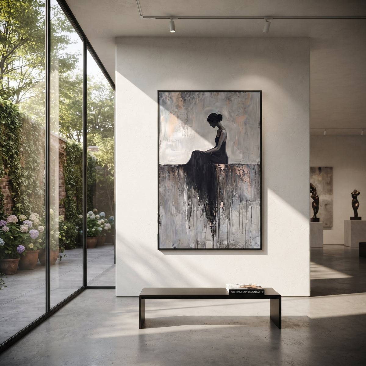 Grey Seated Black Dress focuses on quiet seated female silhouette in black dress on grey ledge with pale textured wall. The composition is built from the exact pose, clothing shape, accessories, furniture, animal form, shoreline, palm shape, surfboard, or table arrangement visible in this artwork, so the image reads as a specific modern figurative painting rather than a generic decorative abstract. The grey; black; white palette gives the piece its main atmosphere, while smaller dark and light