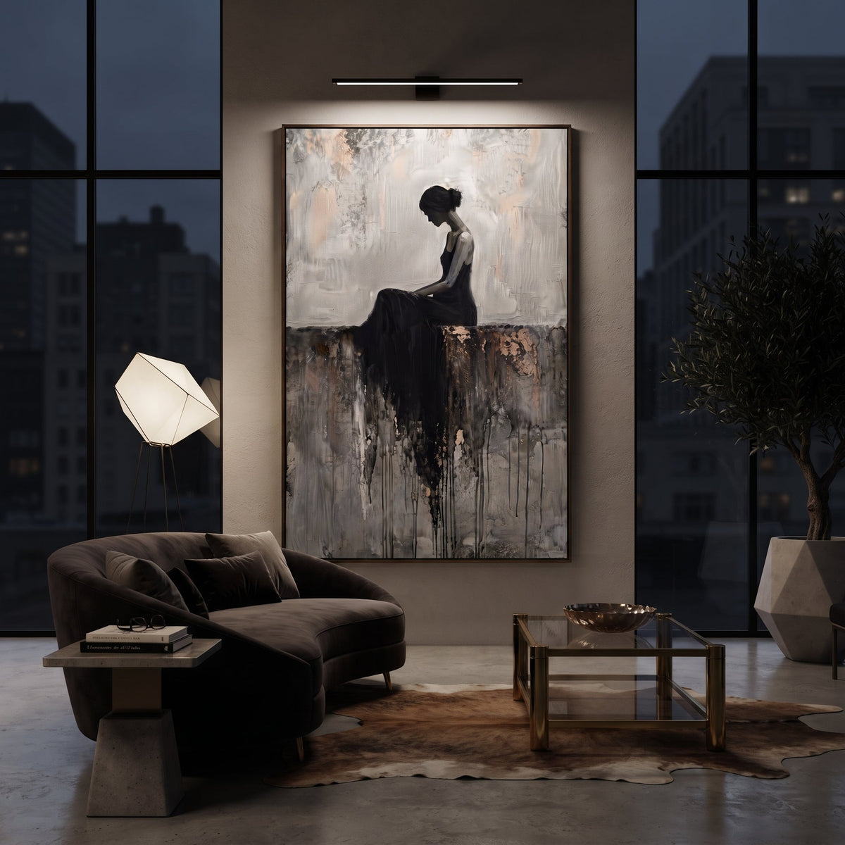 Grey Seated Black Dress focuses on quiet seated female silhouette in black dress on grey ledge with pale textured wall. The composition is built from the exact pose, clothing shape, accessories, furniture, animal form, shoreline, palm shape, surfboard, or table arrangement visible in this artwork, so the image reads as a specific modern figurative painting rather than a generic decorative abstract. The grey; black; white palette gives the piece its main atmosphere, while smaller dark and light