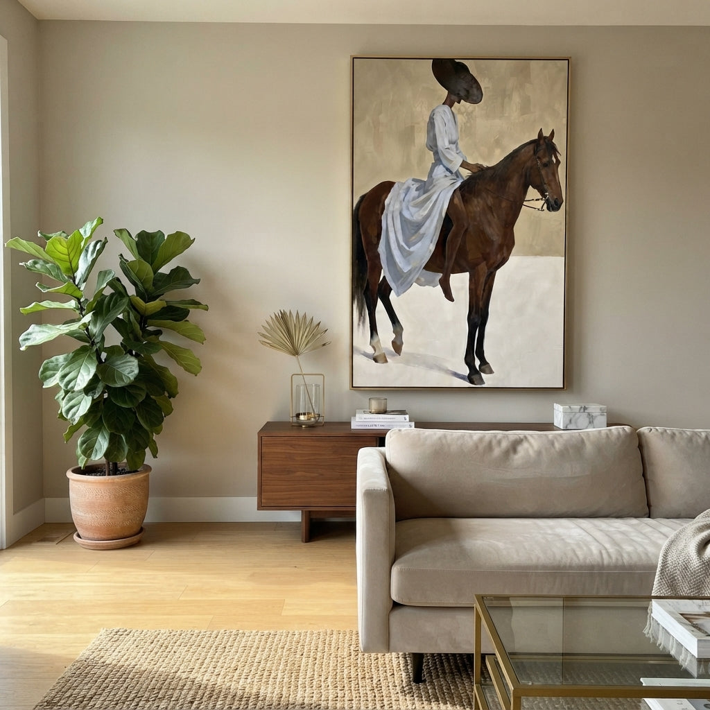 Blue Dress Horse Ride focuses on woman in pale blue dress riding brown horse across bright white ground. The composition is built from the exact pose, clothing shape, accessories, furniture, animal form, shoreline, palm shape, surfboard, or table arrangement visible in this artwork, so the image reads as a specific modern figurative painting rather than a generic decorative abstract. The blue; brown; cream palette gives the piece its main atmosphere, while smaller dark and light accents define