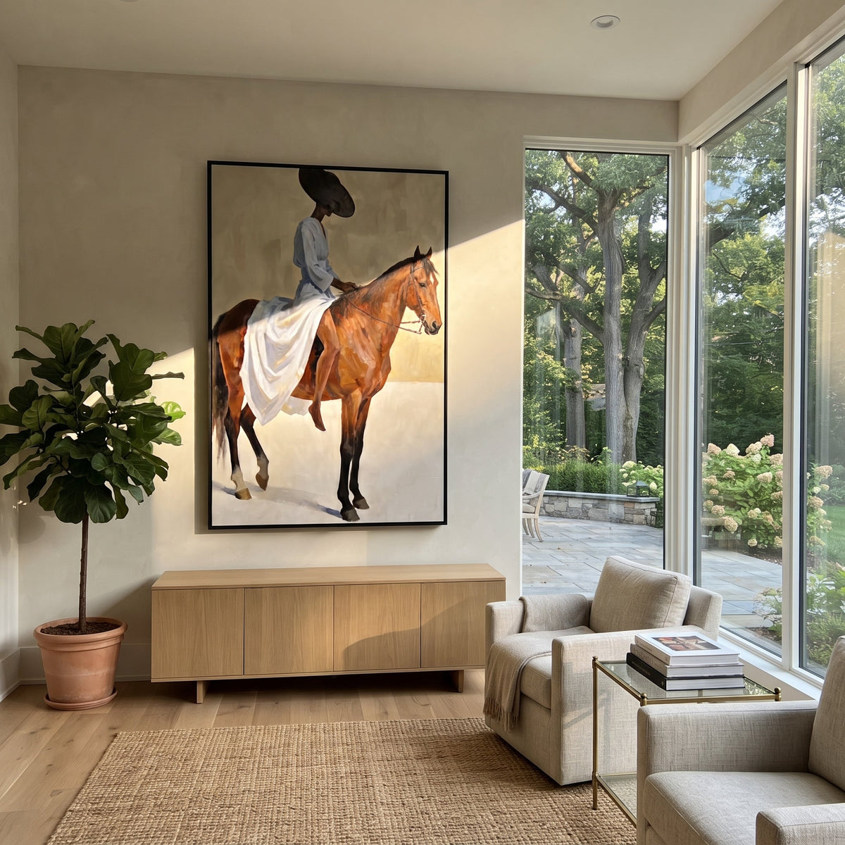 Blue Dress Horse Ride focuses on woman in pale blue dress riding brown horse across bright white ground. The composition is built from the exact pose, clothing shape, accessories, furniture, animal form, shoreline, palm shape, surfboard, or table arrangement visible in this artwork, so the image reads as a specific modern figurative painting rather than a generic decorative abstract. The blue; brown; cream palette gives the piece its main atmosphere, while smaller dark and light accents define