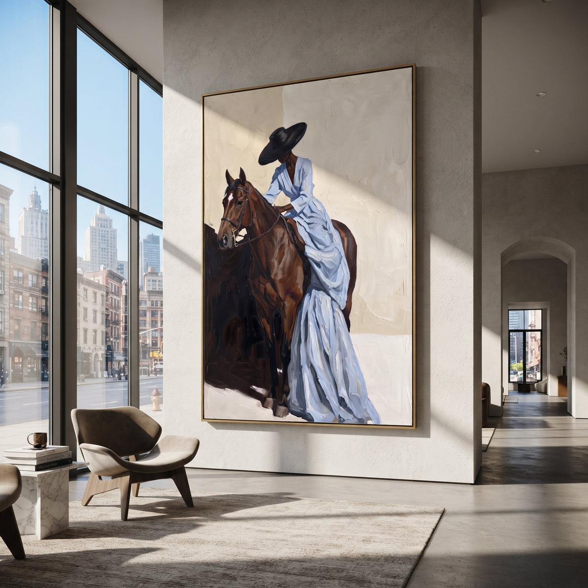Blue Dress Horse Lean focuses on woman in pale blue dress leaning over brown horse with black hat and cream wall. The composition is built from the exact pose, clothing shape, accessories, furniture, animal form, shoreline, palm shape, surfboard, or table arrangement visible in this artwork, so the image reads as a specific modern figurative painting rather than a generic decorative abstract. The blue; brown; cream palette gives the piece its main atmosphere, while smaller dark and light accents