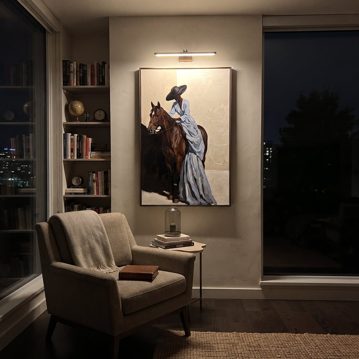Blue Dress Horse Lean focuses on woman in pale blue dress leaning over brown horse with black hat and cream wall. The composition is built from the exact pose, clothing shape, accessories, furniture, animal form, shoreline, palm shape, surfboard, or table arrangement visible in this artwork, so the image reads as a specific modern figurative painting rather than a generic decorative abstract. The blue; brown; cream palette gives the piece its main atmosphere, while smaller dark and light accents