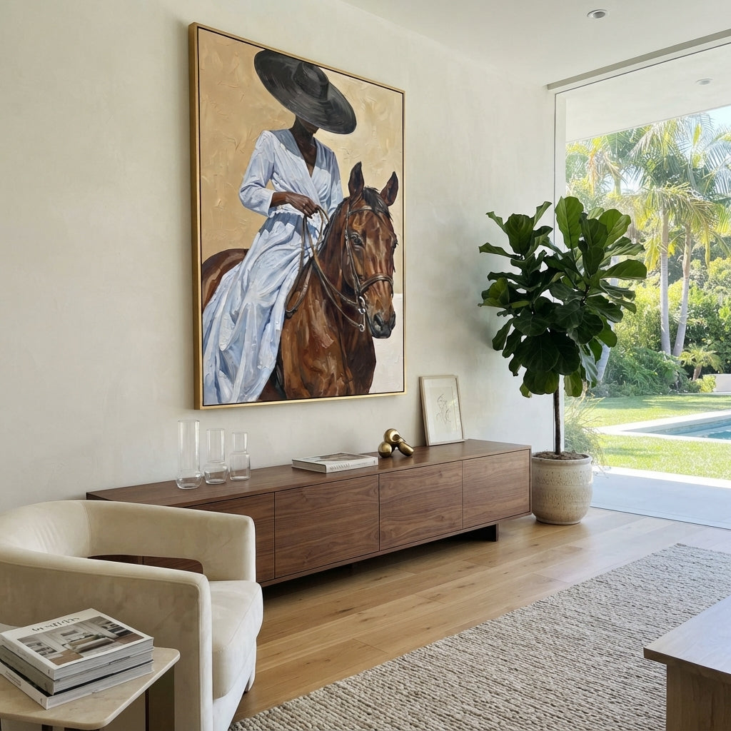 Blue Dress Horse Close Reins focuses on blue dress horse close reins with pale blue dress, broad black hat, brown horse body, reins, shadows, and cream studio ground. The composition is built from the exact pose, clothing shape, accessories, furniture, animal form, shoreline, palm shape, surfboard, or table arrangement visible in this artwork, so the image reads as a specific modern figurative painting rather than a generic decorative abstract. The blue; brown; cream palette gives the piece its