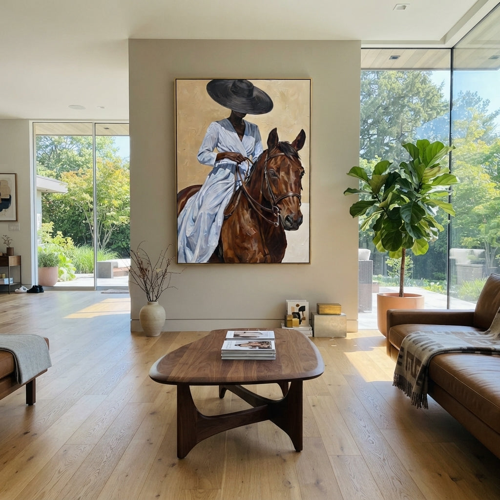 Blue Dress Horse Close Reins focuses on blue dress horse close reins with pale blue dress, broad black hat, brown horse body, reins, shadows, and cream studio ground. The composition is built from the exact pose, clothing shape, accessories, furniture, animal form, shoreline, palm shape, surfboard, or table arrangement visible in this artwork, so the image reads as a specific modern figurative painting rather than a generic decorative abstract. The blue; brown; cream palette gives the piece its