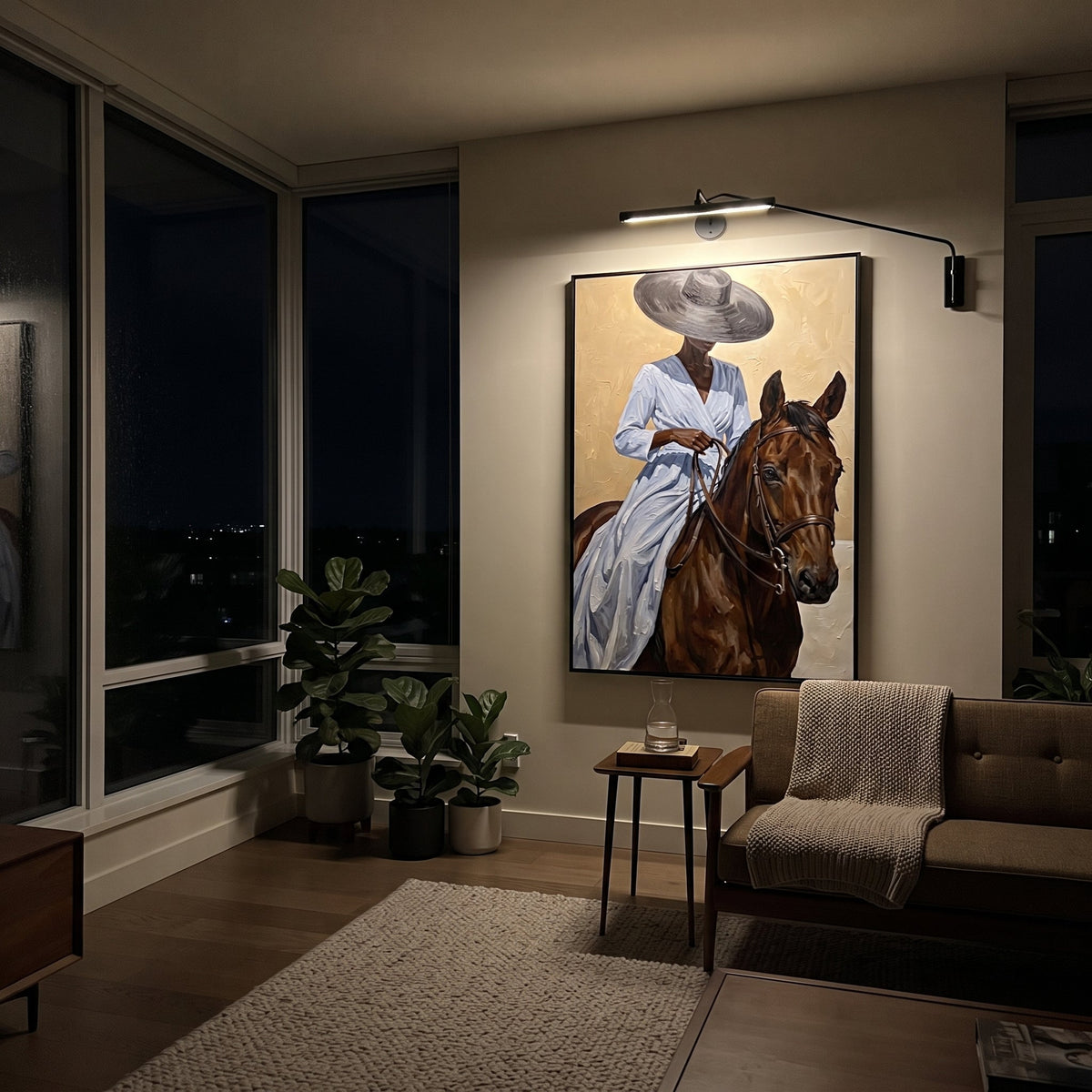 Blue Dress Horse Close Reins focuses on blue dress horse close reins with pale blue dress, broad black hat, brown horse body, reins, shadows, and cream studio ground. The composition is built from the exact pose, clothing shape, accessories, furniture, animal form, shoreline, palm shape, surfboard, or table arrangement visible in this artwork, so the image reads as a specific modern figurative painting rather than a generic decorative abstract. The blue; brown; cream palette gives the piece its