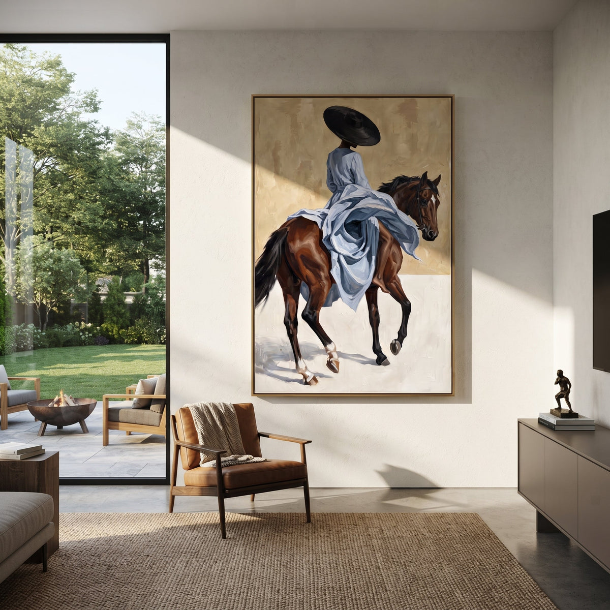 Blue Dress Trotting Horse focuses on blue dress trotting horse with pale blue dress, broad black hat, brown horse body, reins, shadows, and cream studio ground. The composition is built from the exact pose, clothing shape, accessories, furniture, animal form, shoreline, palm shape, surfboard, or table arrangement visible in this artwork, so the image reads as a specific modern figurative painting rather than a generic decorative abstract. The blue; brown; cream palette gives the piece its main