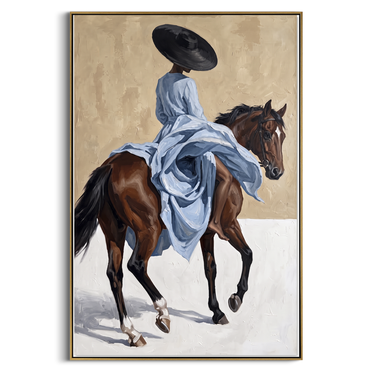 Blue Dress Trotting Horse focuses on blue dress trotting horse with pale blue dress, broad black hat, brown horse body, reins, shadows, and cream studio ground. The composition is built from the exact pose, clothing shape, accessories, furniture, animal form, shoreline, palm shape, surfboard, or table arrangement visible in this artwork, so the image reads as a specific modern figurative painting rather than a generic decorative abstract. The blue; brown; cream palette gives the piece its main