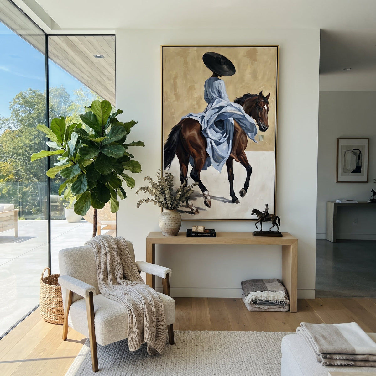 Blue Dress Trotting Horse focuses on blue dress trotting horse with pale blue dress, broad black hat, brown horse body, reins, shadows, and cream studio ground. The composition is built from the exact pose, clothing shape, accessories, furniture, animal form, shoreline, palm shape, surfboard, or table arrangement visible in this artwork, so the image reads as a specific modern figurative painting rather than a generic decorative abstract. The blue; brown; cream palette gives the piece its main