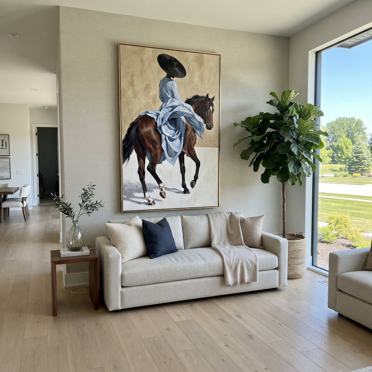 Blue Dress Trotting Horse focuses on blue dress trotting horse with pale blue dress, broad black hat, brown horse body, reins, shadows, and cream studio ground. The composition is built from the exact pose, clothing shape, accessories, furniture, animal form, shoreline, palm shape, surfboard, or table arrangement visible in this artwork, so the image reads as a specific modern figurative painting rather than a generic decorative abstract. The blue; brown; cream palette gives the piece its main