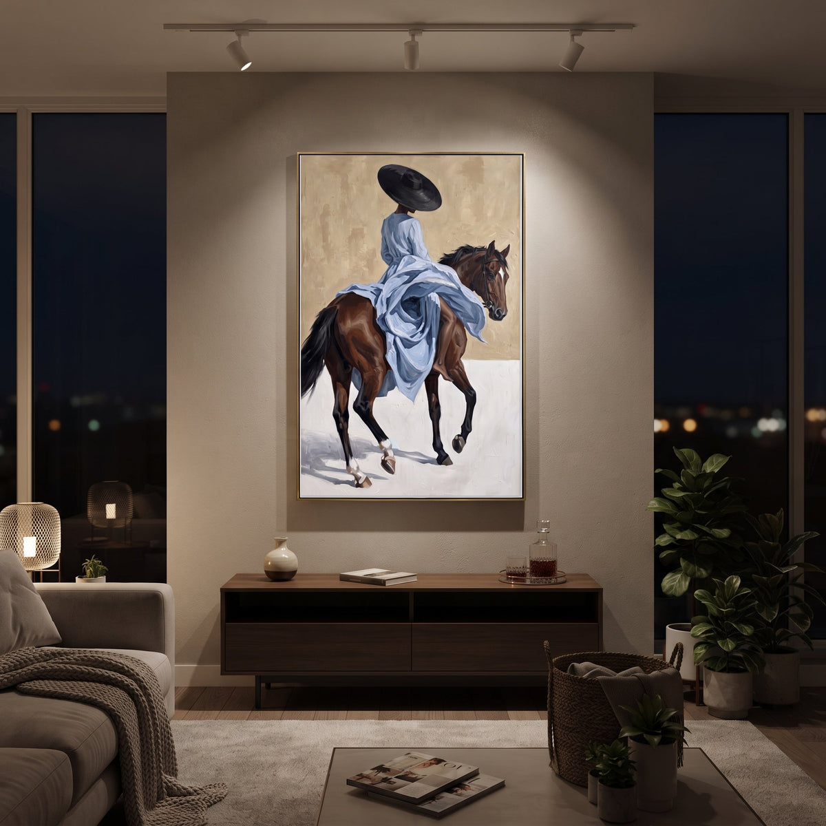 Blue Dress Trotting Horse focuses on blue dress trotting horse with pale blue dress, broad black hat, brown horse body, reins, shadows, and cream studio ground. The composition is built from the exact pose, clothing shape, accessories, furniture, animal form, shoreline, palm shape, surfboard, or table arrangement visible in this artwork, so the image reads as a specific modern figurative painting rather than a generic decorative abstract. The blue; brown; cream palette gives the piece its main