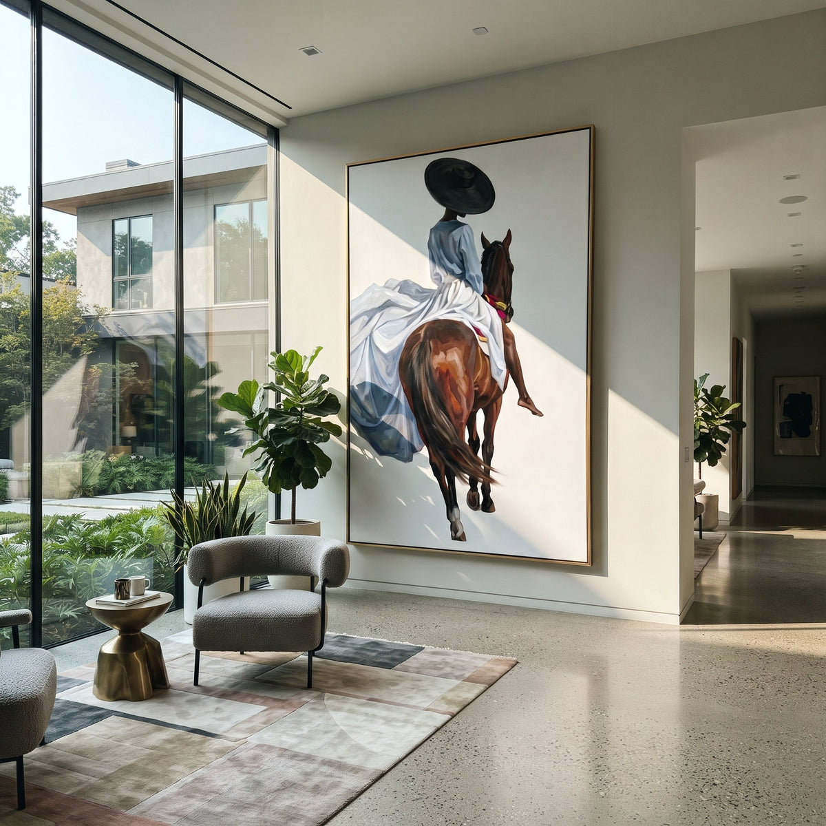 Blue Dress Back Horse focuses on blue dress back horse with pale blue dress, broad black hat, brown horse body, reins, shadows, and cream studio ground. The composition is built from the exact pose, clothing shape, accessories, furniture, animal form, shoreline, palm shape, surfboard, or table arrangement visible in this artwork, so the image reads as a specific modern figurative painting rather than a generic decorative abstract. The blue; brown; cream palette gives the piece its main