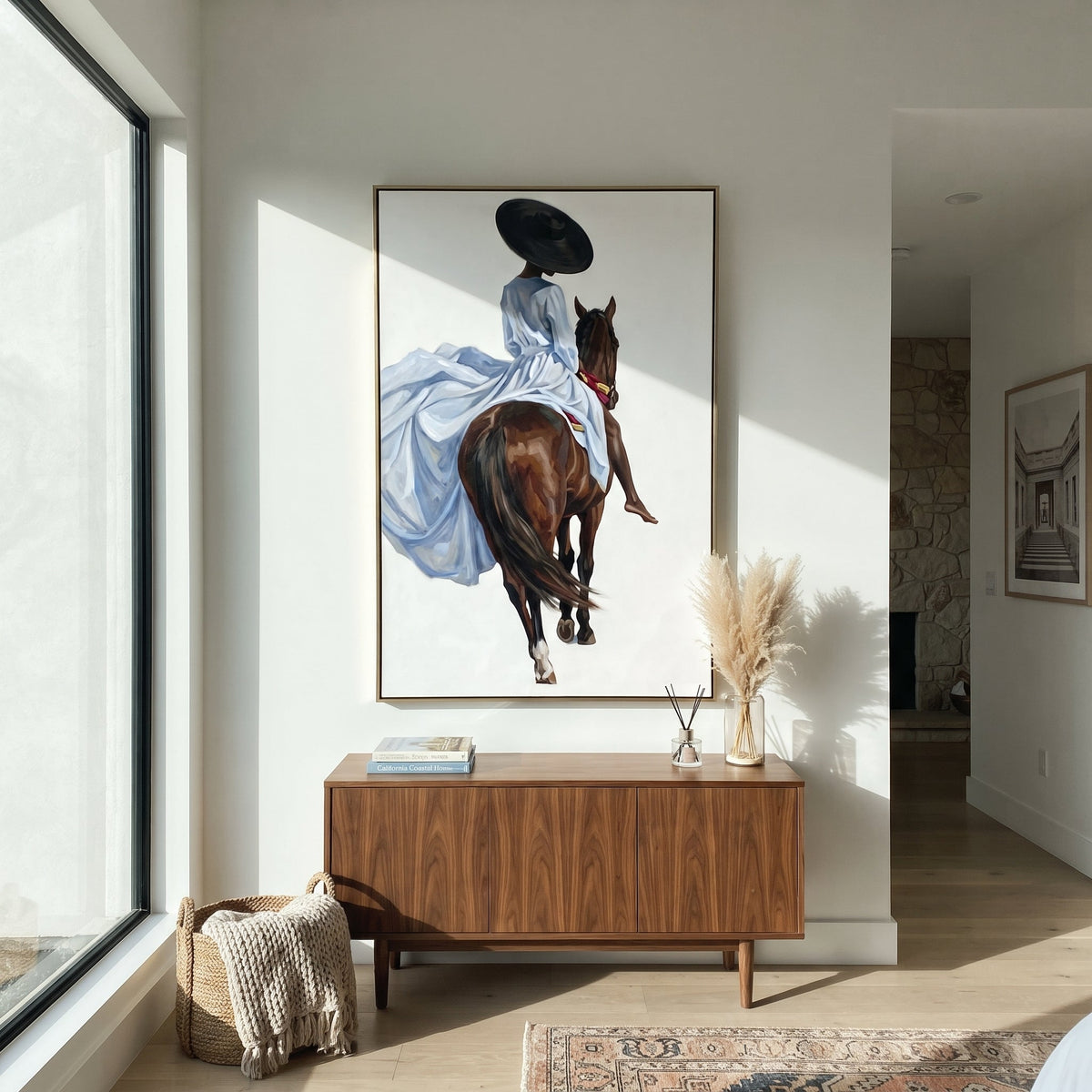 Blue Dress Back Horse focuses on blue dress back horse with pale blue dress, broad black hat, brown horse body, reins, shadows, and cream studio ground. The composition is built from the exact pose, clothing shape, accessories, furniture, animal form, shoreline, palm shape, surfboard, or table arrangement visible in this artwork, so the image reads as a specific modern figurative painting rather than a generic decorative abstract. The blue; brown; cream palette gives the piece its main