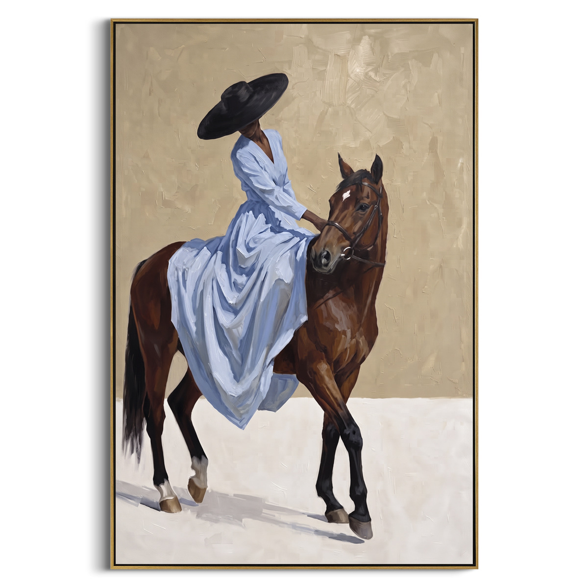 Small Blue Rider Horse focuses on small blue rider horse with pale blue dress, broad black hat, brown horse body, reins, shadows, and cream studio ground. The composition is built from the exact pose, clothing shape, accessories, furniture, animal form, shoreline, palm shape, surfboard, or table arrangement visible in this artwork, so the image reads as a specific modern figurative painting rather than a generic decorative abstract. The blue; brown; cream palette gives the piece its main