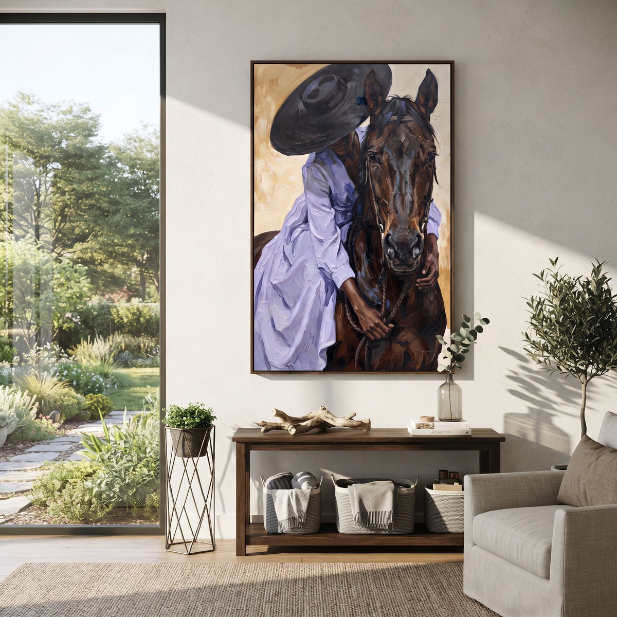 Purple Dress Horse Closeup focuses on purple dress horse closeup with pale blue dress, broad black hat, brown horse body, reins, shadows, and cream studio ground. The composition is built from the exact pose, clothing shape, accessories, furniture, animal form, shoreline, palm shape, surfboard, or table arrangement visible in this artwork, so the image reads as a specific modern figurative painting rather than a generic decorative abstract. The blue; brown; cream palette gives the piece its main