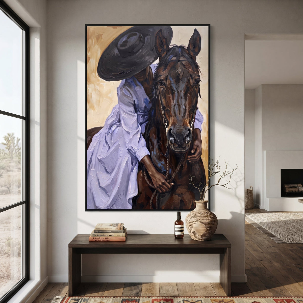 Purple Dress Horse Closeup focuses on purple dress horse closeup with pale blue dress, broad black hat, brown horse body, reins, shadows, and cream studio ground. The composition is built from the exact pose, clothing shape, accessories, furniture, animal form, shoreline, palm shape, surfboard, or table arrangement visible in this artwork, so the image reads as a specific modern figurative painting rather than a generic decorative abstract. The blue; brown; cream palette gives the piece its main