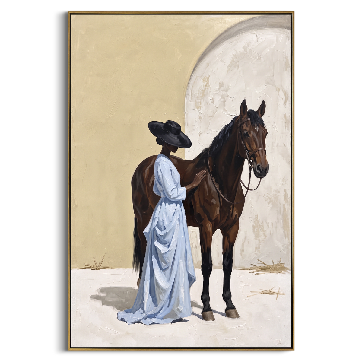 Arched Horse Companion focuses on arched horse companion with pale blue dress, broad black hat, brown horse body, reins, shadows, and cream studio ground. The composition is built from the exact pose, clothing shape, accessories, furniture, animal form, shoreline, palm shape, surfboard, or table arrangement visible in this artwork, so the image reads as a specific modern figurative painting rather than a generic decorative abstract. The blue; brown; cream palette gives the piece its main