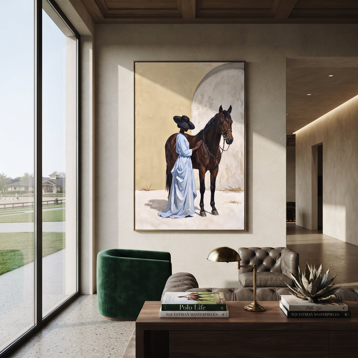 Arched Horse Companion focuses on arched horse companion with pale blue dress, broad black hat, brown horse body, reins, shadows, and cream studio ground. The composition is built from the exact pose, clothing shape, accessories, furniture, animal form, shoreline, palm shape, surfboard, or table arrangement visible in this artwork, so the image reads as a specific modern figurative painting rather than a generic decorative abstract. The blue; brown; cream palette gives the piece its main