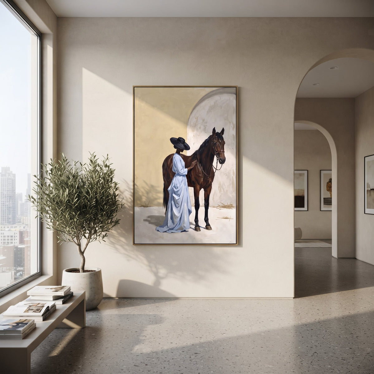 Arched Horse Companion focuses on arched horse companion with pale blue dress, broad black hat, brown horse body, reins, shadows, and cream studio ground. The composition is built from the exact pose, clothing shape, accessories, furniture, animal form, shoreline, palm shape, surfboard, or table arrangement visible in this artwork, so the image reads as a specific modern figurative painting rather than a generic decorative abstract. The blue; brown; cream palette gives the piece its main