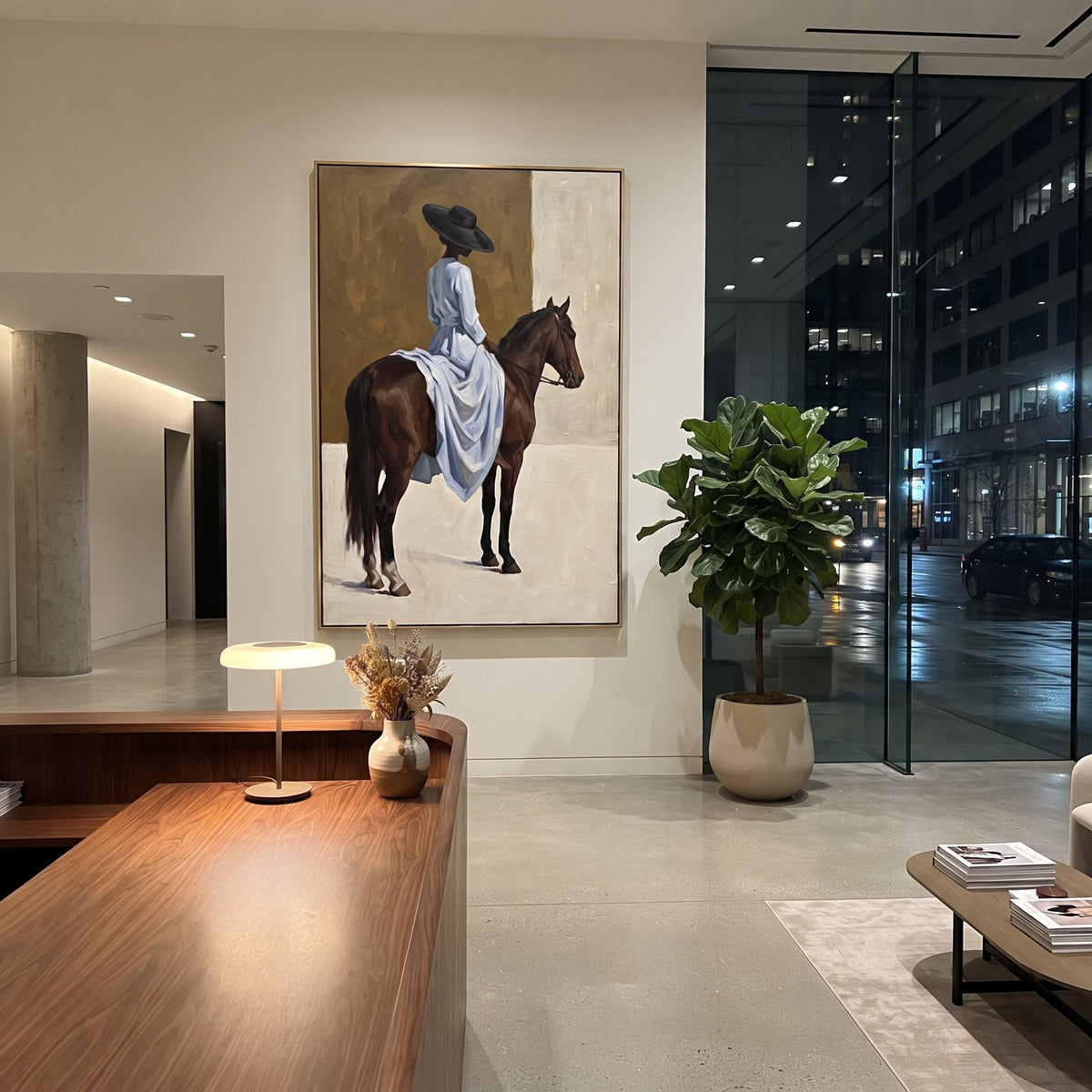 Blue Dress Rear Horse Wall focuses on blue dress rear horse wall with pale blue dress, broad black hat, brown horse body, reins, shadows, and cream studio ground. The composition is built from the exact pose, clothing shape, accessories, furniture, animal form, shoreline, palm shape, surfboard, or table arrangement visible in this artwork, so the image reads as a specific modern figurative painting rather than a generic decorative abstract. The blue; brown; cream palette gives the piece its main