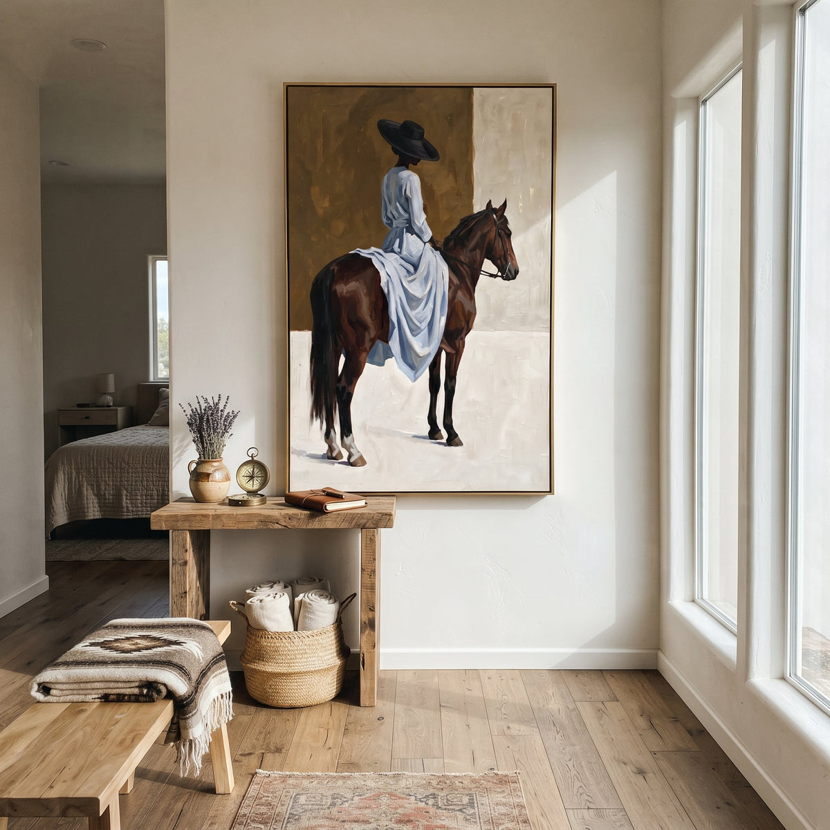 Blue Dress Rear Horse Wall focuses on blue dress rear horse wall with pale blue dress, broad black hat, brown horse body, reins, shadows, and cream studio ground. The composition is built from the exact pose, clothing shape, accessories, furniture, animal form, shoreline, palm shape, surfboard, or table arrangement visible in this artwork, so the image reads as a specific modern figurative painting rather than a generic decorative abstract. The blue; brown; cream palette gives the piece its main
