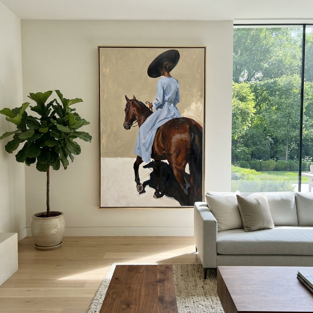 Blue Rider Horse Turn focuses on blue rider horse turn with pale blue dress, broad black hat, brown horse body, reins, shadows, and cream studio ground. The composition is built from the exact pose, clothing shape, accessories, furniture, animal form, shoreline, palm shape, surfboard, or table arrangement visible in this artwork, so the image reads as a specific modern figurative painting rather than a generic decorative abstract. The blue; brown; cream palette gives the piece its main
