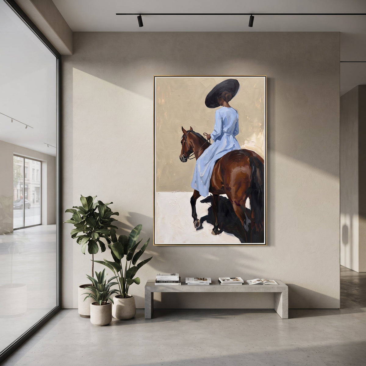 Blue Rider Horse Turn focuses on blue rider horse turn with pale blue dress, broad black hat, brown horse body, reins, shadows, and cream studio ground. The composition is built from the exact pose, clothing shape, accessories, furniture, animal form, shoreline, palm shape, surfboard, or table arrangement visible in this artwork, so the image reads as a specific modern figurative painting rather than a generic decorative abstract. The blue; brown; cream palette gives the piece its main