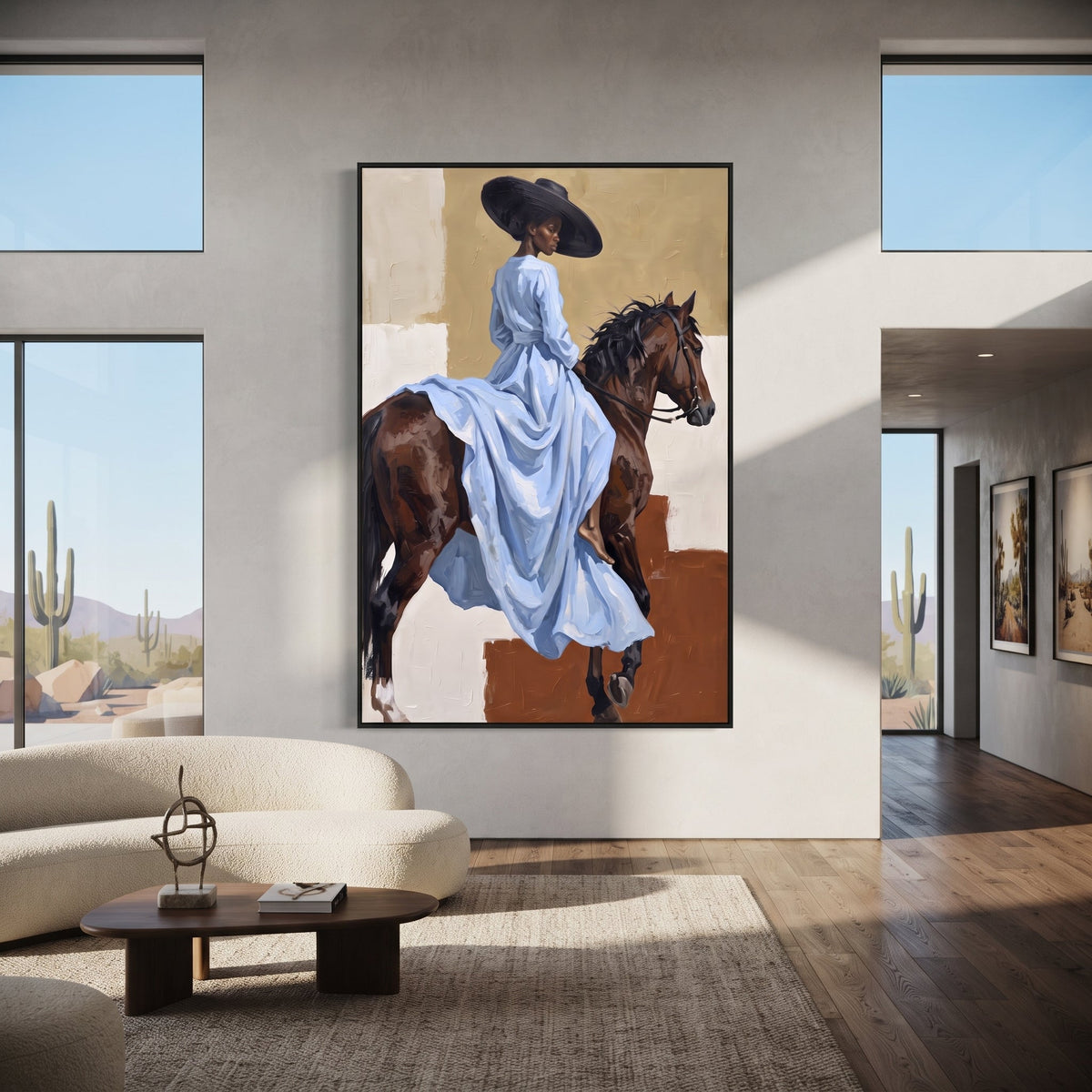 Dark Bar Martini Duel focuses on dark bar martini duel with two western figures, wide hats, black table or bar surface, martini glasses, floating playing cards, and dark olive saloon ground. The composition is built from the exact pose, clothing shape, accessories, furniture, animal form, shoreline, palm shape, surfboard, or table arrangement visible in this artwork, so the image reads as a specific modern figurative painting rather than a generic decorative abstract. The green; pink; black