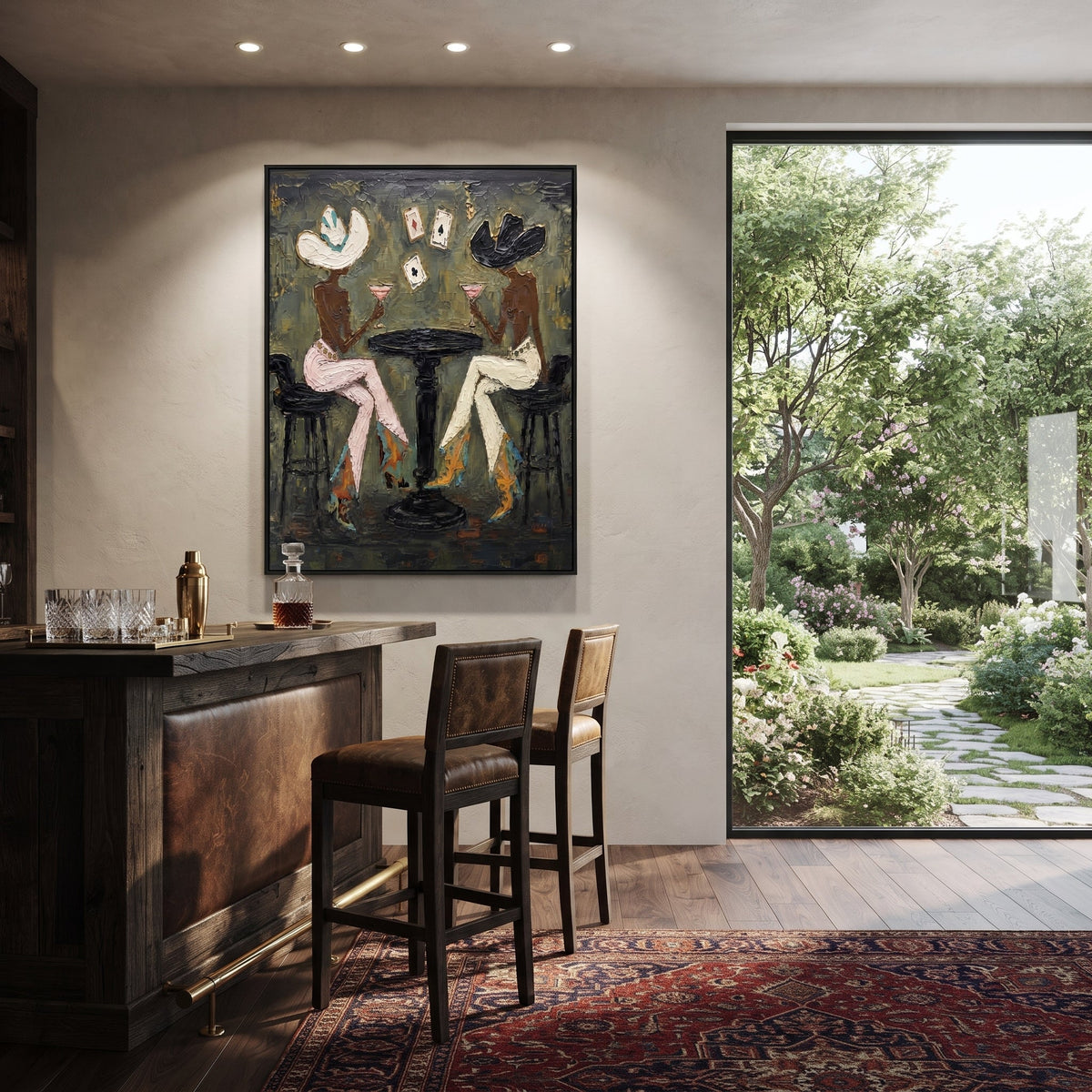 Cowgirl Card Table Pair focuses on cowgirl card table square with two western figures, wide hats, black table or bar surface, martini glasses, floating playing cards, and dark olive saloon ground. The composition is built from the exact pose, clothing shape, accessories, furniture, animal form, shoreline, palm shape, surfboard, or table arrangement visible in this artwork, so the image reads as a specific modern figurative painting rather than a generic decorative abstract. The green; pink