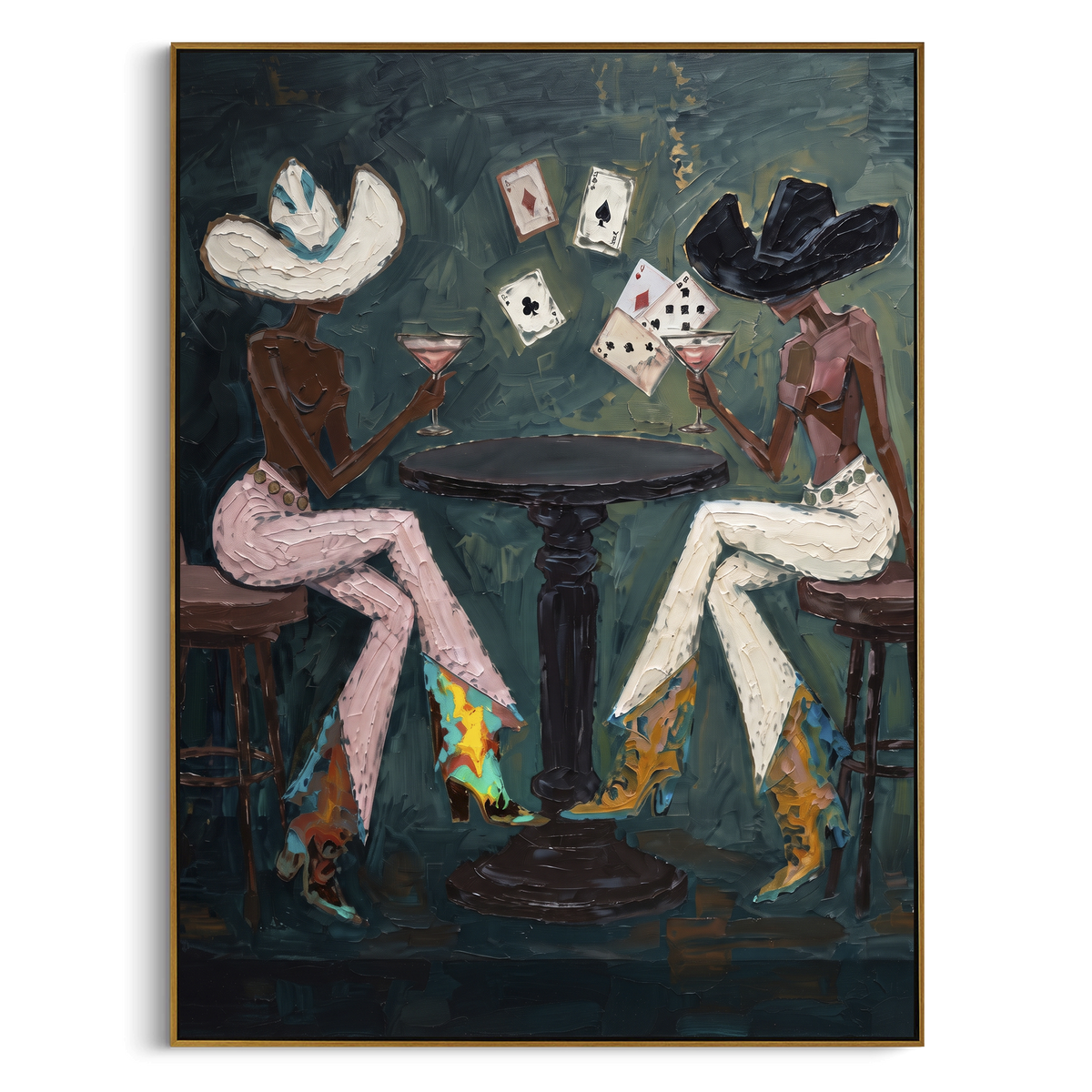 Three Player Dark Poker Table focuses on three player dark poker table with two western figures, wide hats, black table or bar surface, martini glasses, floating playing cards, and dark olive saloon ground. The composition is built from the exact pose, clothing shape, accessories, furniture, animal form, shoreline, palm shape, surfboard, or table arrangement visible in this artwork, so the image reads as a specific modern figurative painting rather than a generic decorative abstract. The green