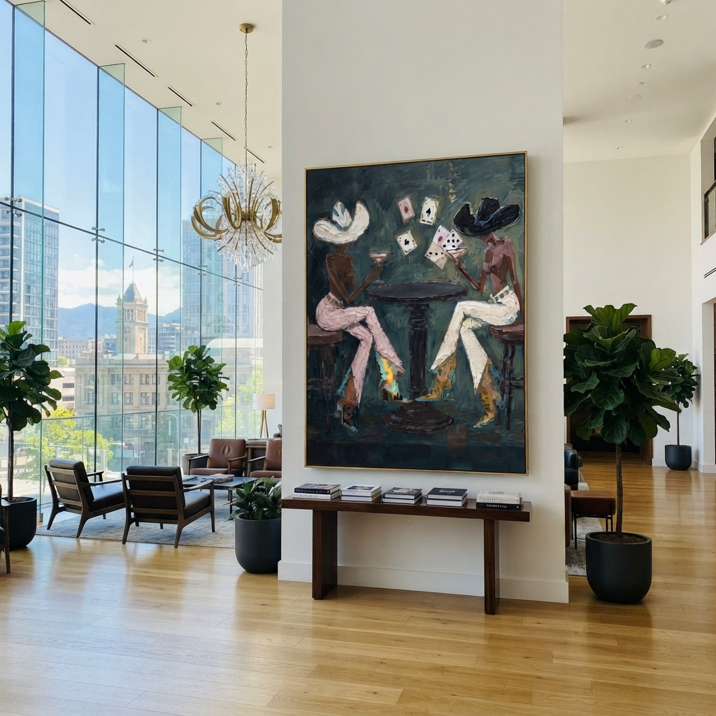 Three Player Dark Poker Table focuses on three player dark poker table with two western figures, wide hats, black table or bar surface, martini glasses, floating playing cards, and dark olive saloon ground. The composition is built from the exact pose, clothing shape, accessories, furniture, animal form, shoreline, palm shape, surfboard, or table arrangement visible in this artwork, so the image reads as a specific modern figurative painting rather than a generic decorative abstract. The green