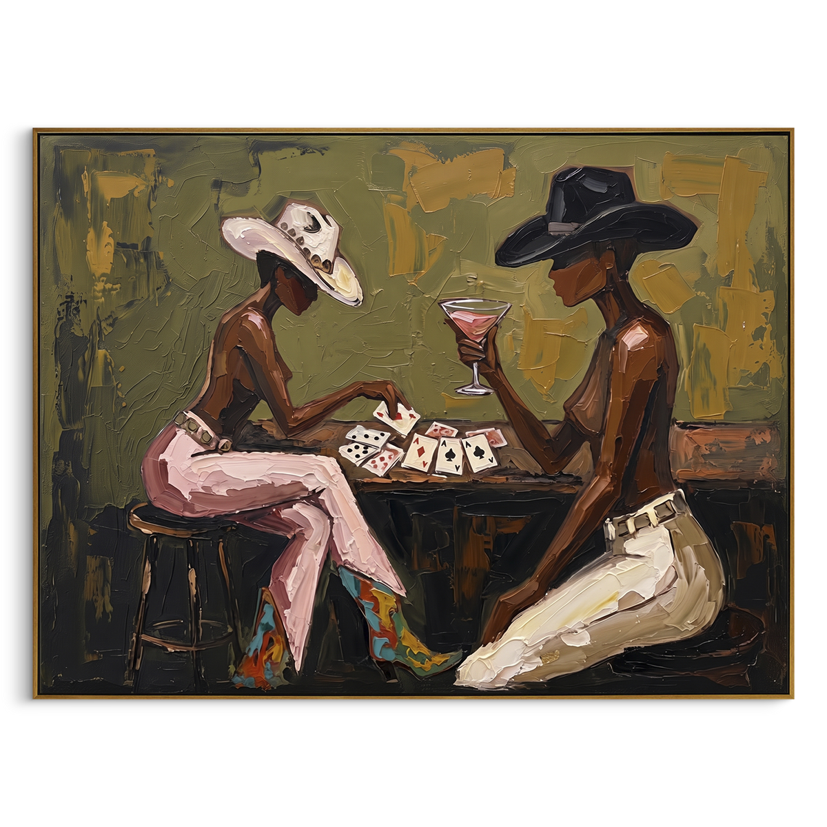 Cowgirl Poker Close Table focuses on cowgirl poker close table with two western figures, wide hats, black table or bar surface, martini glasses, floating playing cards, and dark olive saloon ground. The composition is built from the exact pose, clothing shape, accessories, furniture, animal form, shoreline, palm shape, surfboard, or table arrangement visible in this artwork, so the image reads as a specific modern figurative painting rather than a generic decorative abstract. The green; pink