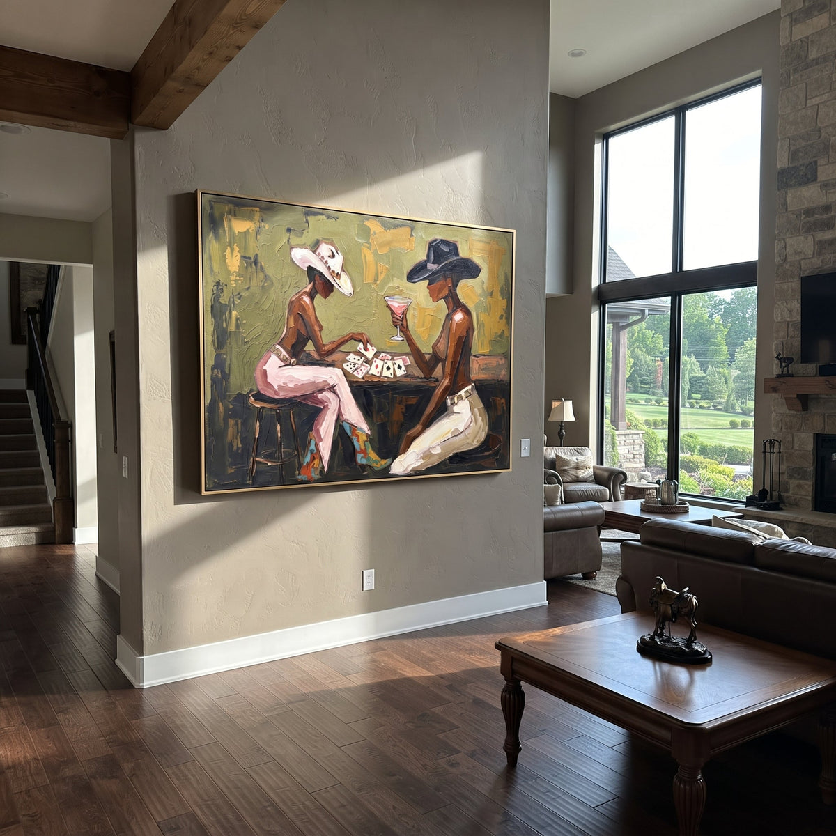 Cowgirl Poker Close Table focuses on cowgirl poker close table with two western figures, wide hats, black table or bar surface, martini glasses, floating playing cards, and dark olive saloon ground. The composition is built from the exact pose, clothing shape, accessories, furniture, animal form, shoreline, palm shape, surfboard, or table arrangement visible in this artwork, so the image reads as a specific modern figurative painting rather than a generic decorative abstract. The green; pink