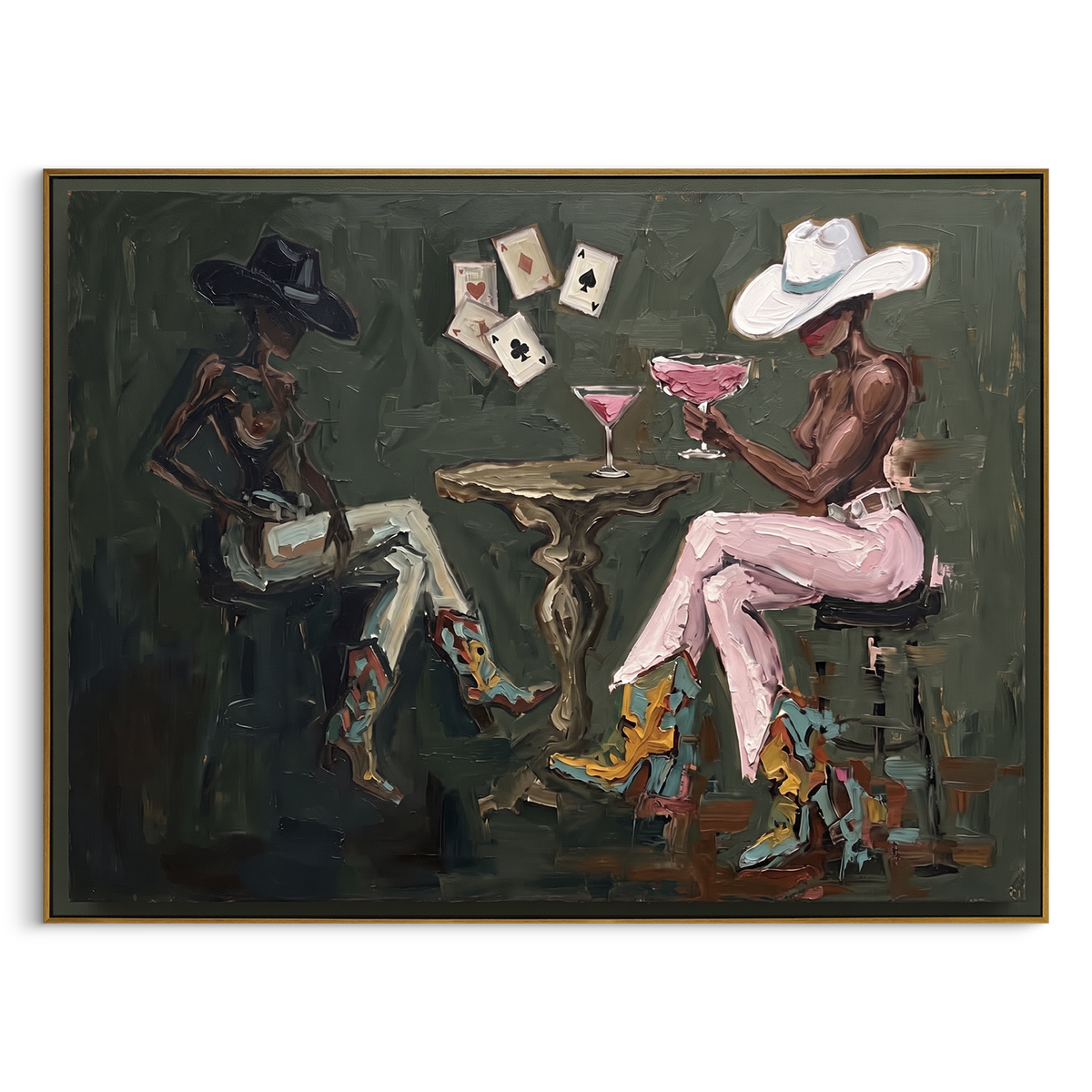 Dark Triple Chair Card Game focuses on dark triple chair card game with two western figures, wide hats, black table or bar surface, martini glasses, floating playing cards, and dark olive saloon ground. The composition is built from the exact pose, clothing shape, accessories, furniture, animal form, shoreline, palm shape, surfboard, or table arrangement visible in this artwork, so the image reads as a specific modern figurative painting rather than a generic decorative abstract. The green