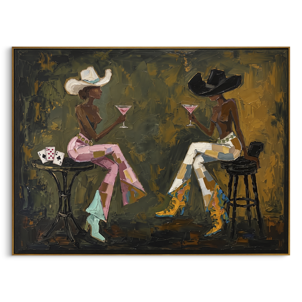 Olive Martini Card Conversation focuses on olive martini card conversation with two western figures, wide hats, black table or bar surface, martini glasses, floating playing cards, and dark olive saloon ground. The composition is built from the exact pose, clothing shape, accessories, furniture, animal form, shoreline, palm shape, surfboard, or table arrangement visible in this artwork, so the image reads as a specific modern figurative painting rather than a generic decorative abstract. The