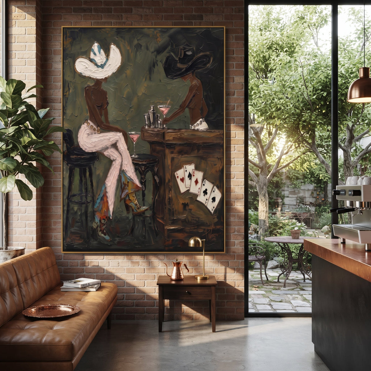 Tall Bar Table Cowgirls focuses on tall bar table cowgirls with two western figures, wide hats, black table or bar surface, martini glasses, floating playing cards, and dark olive saloon ground. The composition is built from the exact pose, clothing shape, accessories, furniture, animal form, shoreline, palm shape, surfboard, or table arrangement visible in this artwork, so the image reads as a specific modern figurative painting rather than a generic decorative abstract. The green; pink; black