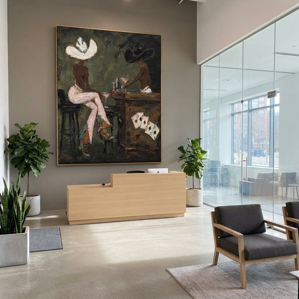 Tall Bar Table Cowgirls focuses on tall bar table cowgirls with two western figures, wide hats, black table or bar surface, martini glasses, floating playing cards, and dark olive saloon ground. The composition is built from the exact pose, clothing shape, accessories, furniture, animal form, shoreline, palm shape, surfboard, or table arrangement visible in this artwork, so the image reads as a specific modern figurative painting rather than a generic decorative abstract. The green; pink; black