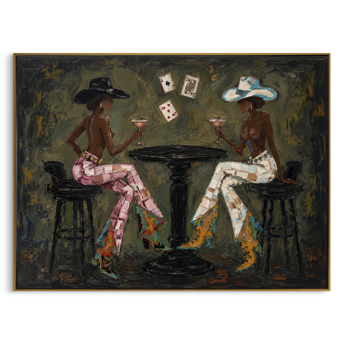 Close Surfboard Beach Pair focuses on close surfboard beach pair with white hats, surfboard forms, beach horizon, palm or checkered floor details. The composition is built from the exact pose, clothing shape, accessories, furniture, animal form, shoreline, palm shape, surfboard, or table arrangement visible in this artwork, so the image reads as a specific modern figurative painting rather than a generic decorative abstract. The blue; white; sand palette gives the piece its main atmosphere