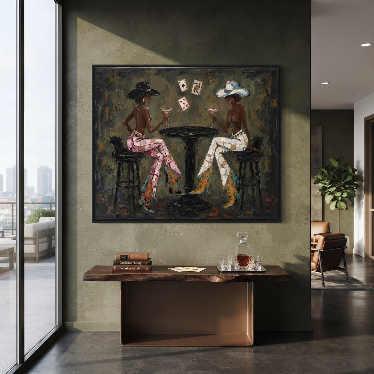 Close Surfboard Beach Pair focuses on close surfboard beach pair with white hats, surfboard forms, beach horizon, palm or checkered floor details. The composition is built from the exact pose, clothing shape, accessories, furniture, animal form, shoreline, palm shape, surfboard, or table arrangement visible in this artwork, so the image reads as a specific modern figurative painting rather than a generic decorative abstract. The blue; white; sand palette gives the piece its main atmosphere