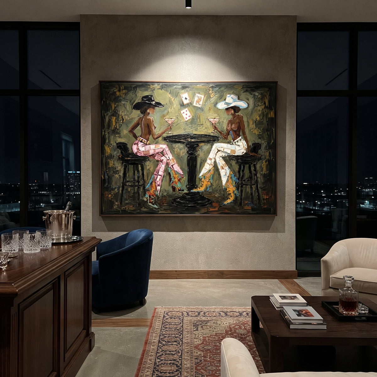 Close Surfboard Beach Pair focuses on close surfboard beach pair with white hats, surfboard forms, beach horizon, palm or checkered floor details. The composition is built from the exact pose, clothing shape, accessories, furniture, animal form, shoreline, palm shape, surfboard, or table arrangement visible in this artwork, so the image reads as a specific modern figurative painting rather than a generic decorative abstract. The blue; white; sand palette gives the piece its main atmosphere