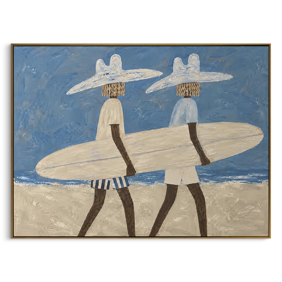 Two Surfers Sand Walk focuses on two surfers sand walk with white hats, surfboard forms, beach horizon, palm or checkered floor details. The composition is built from the exact pose, clothing shape, accessories, furniture, animal form, shoreline, palm shape, surfboard, or table arrangement visible in this artwork, so the image reads as a specific modern figurative painting rather than a generic decorative abstract. The blue; white; sand palette gives the piece its main atmosphere, while smaller