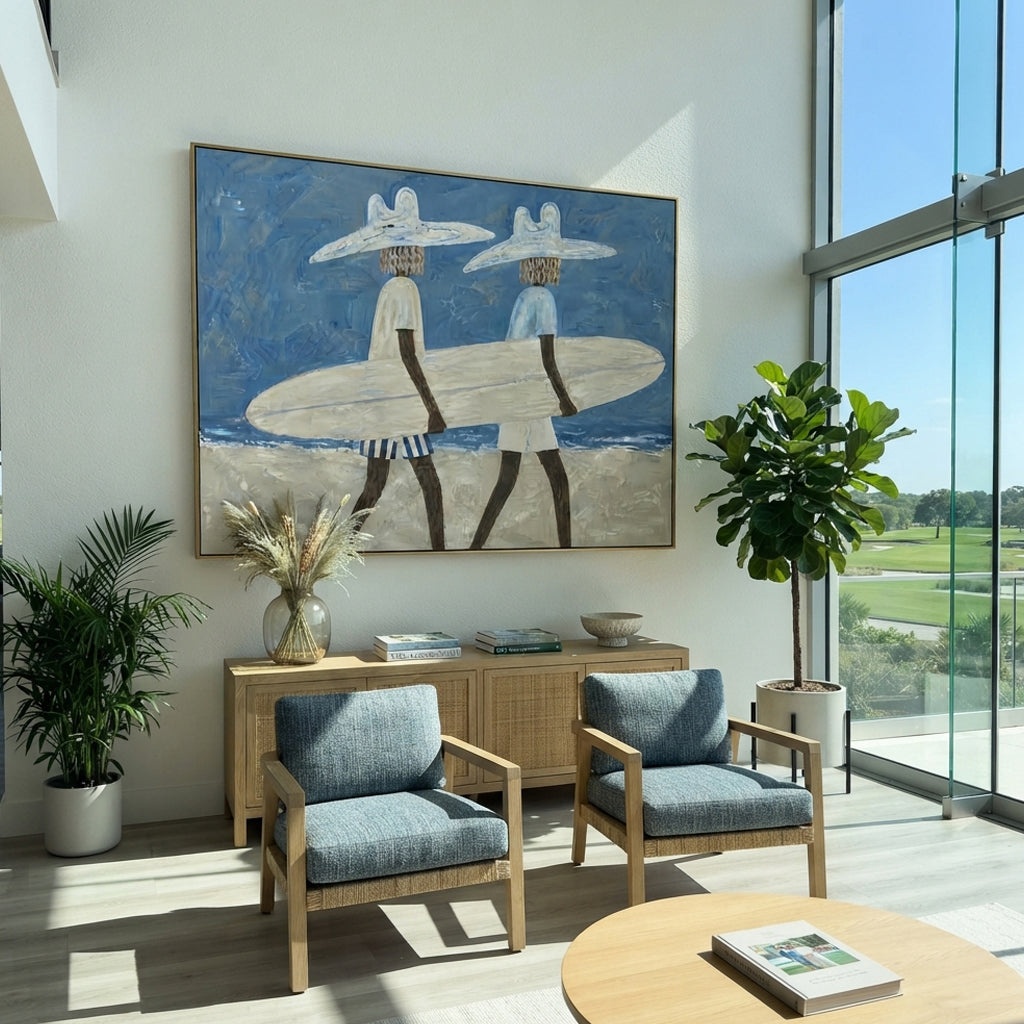 Two Surfers Sand Walk focuses on two surfers sand walk with white hats, surfboard forms, beach horizon, palm or checkered floor details. The composition is built from the exact pose, clothing shape, accessories, furniture, animal form, shoreline, palm shape, surfboard, or table arrangement visible in this artwork, so the image reads as a specific modern figurative painting rather than a generic decorative abstract. The blue; white; sand palette gives the piece its main atmosphere, while smaller