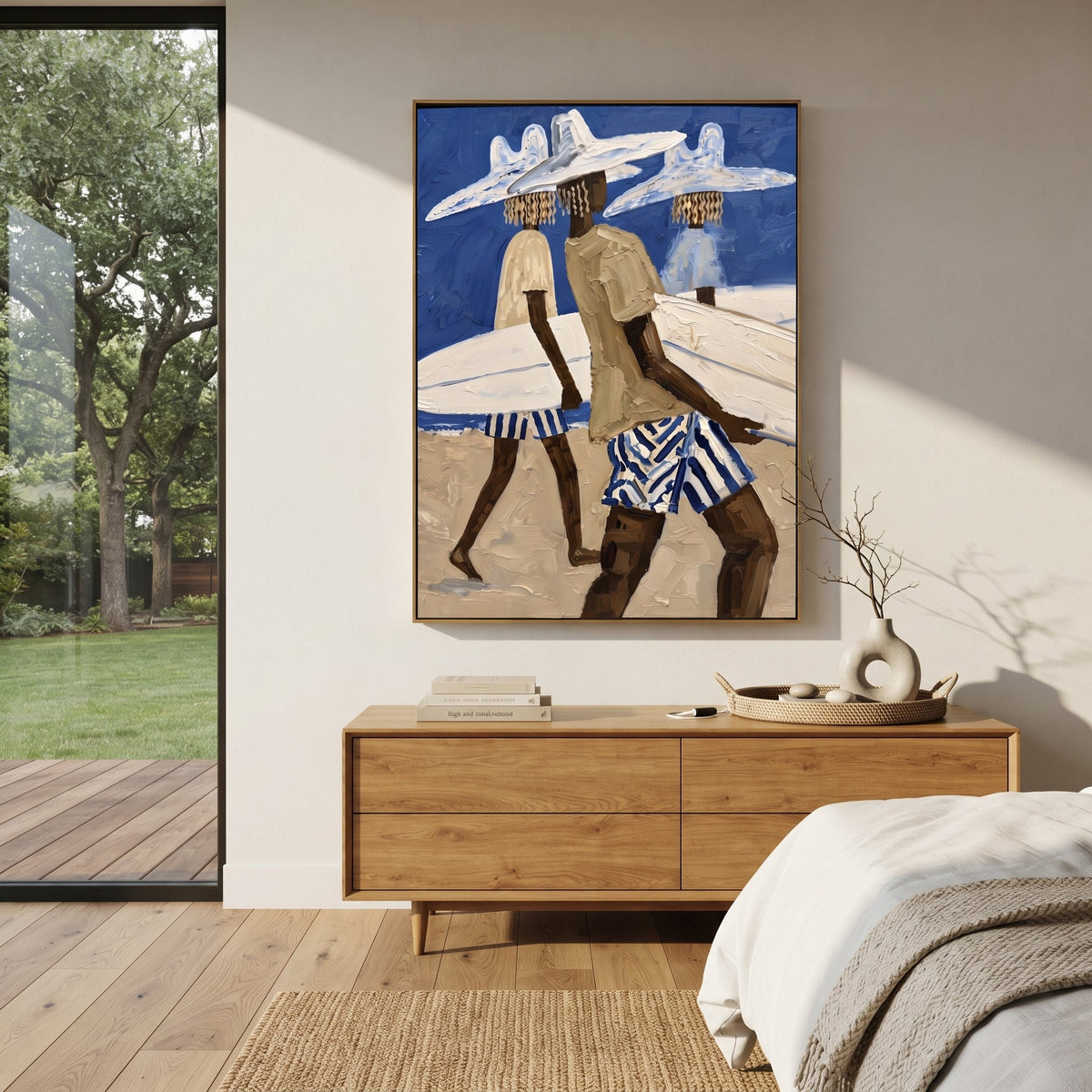 Palm Surfboard Checkered Walk focuses on palm surfboard checkered walk with white hats, surfboard forms, beach horizon, palm or checkered floor details. The composition is built from the exact pose, clothing shape, accessories, furniture, animal form, shoreline, palm shape, surfboard, or table arrangement visible in this artwork, so the image reads as a specific modern figurative painting rather than a generic decorative abstract. The blue; white; sand palette gives the piece its main
