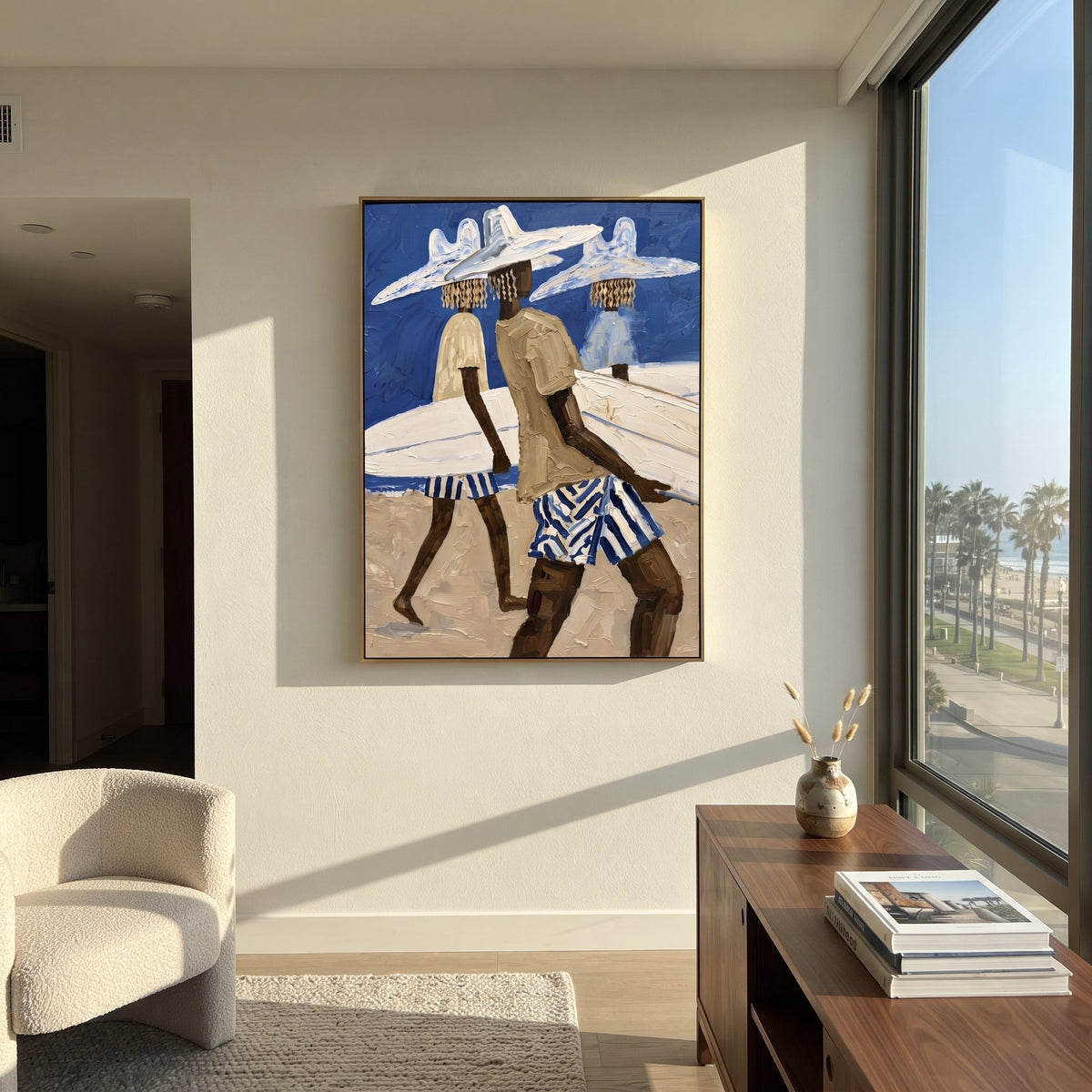 Palm Surfboard Checkered Walk focuses on palm surfboard checkered walk with white hats, surfboard forms, beach horizon, palm or checkered floor details. The composition is built from the exact pose, clothing shape, accessories, furniture, animal form, shoreline, palm shape, surfboard, or table arrangement visible in this artwork, so the image reads as a specific modern figurative painting rather than a generic decorative abstract. The blue; white; sand palette gives the piece its main